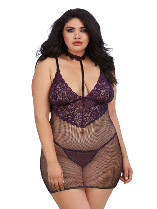 plus-size-stretch-fishnet-lace-collared-chemise-g-string-purple-img2